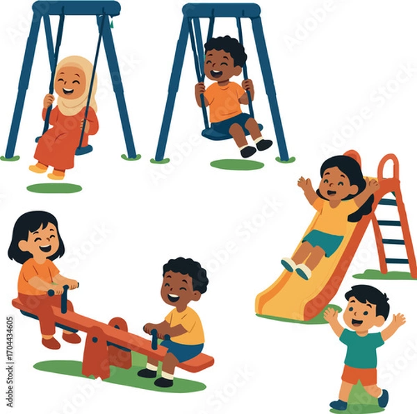 Fototapeta Cheerful multicultural children playing together in a public playground
