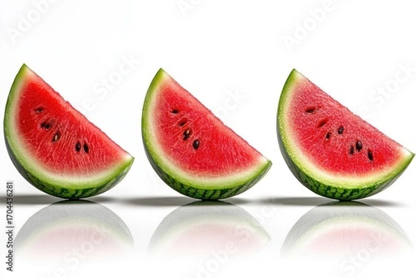 Fototapeta Three watermelon wedges arranged in a row against a white background.