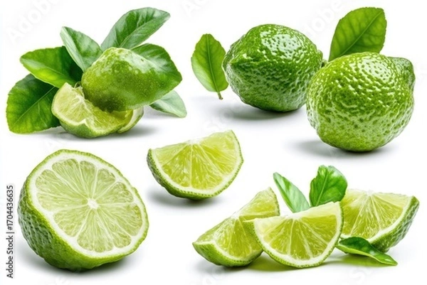 Fototapeta Fresh limes with leaves and slices on white background.