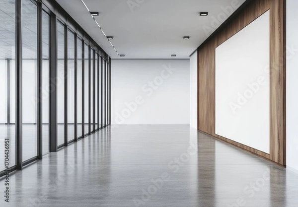 Fototapeta Empty modern office hallway with large blank board.