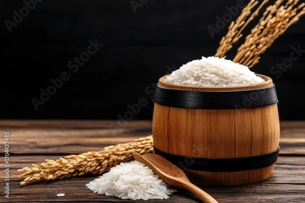 Obraz White rice in a wooden barrel on a rustic table.