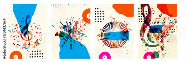 Fototapeta Music background with colorful music notes vector illustration design. Artistic music festival poster, live concert events, party flyer, music notes signs and symbols