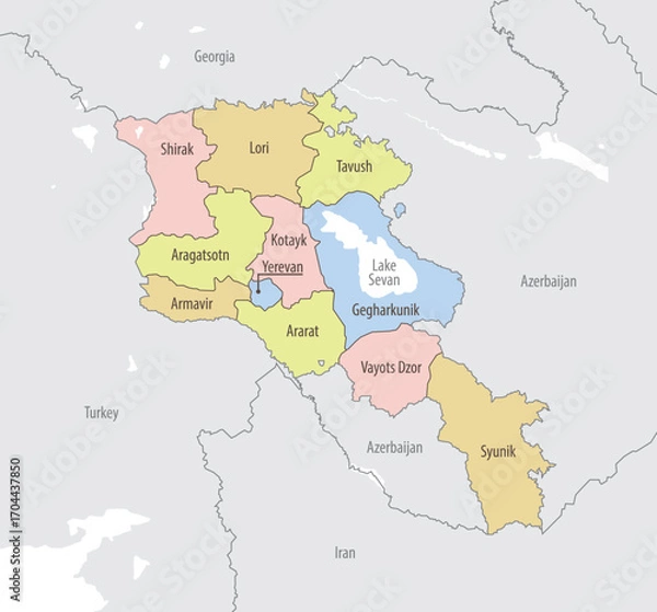 Fototapeta Detailed map of Armenia with administrative divisions and borders of neighboring countries, vector illustration on white background