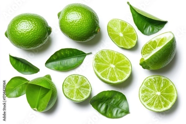 Obraz Fresh Green Limes, Halves and Leaves Isolated on White