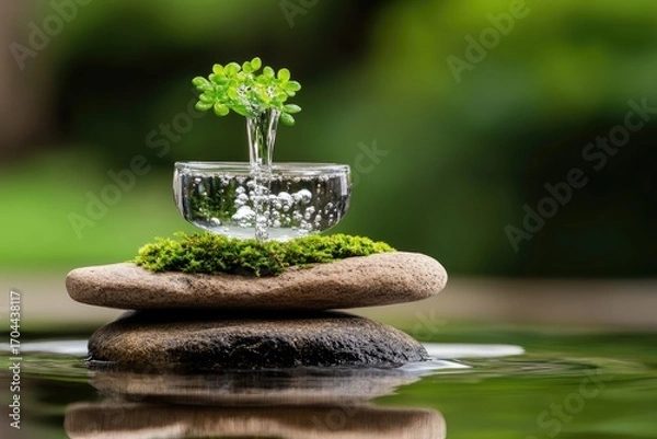 Fototapeta Miniature zen garden with cascading water feature.