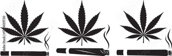 Fototapeta Three cannabis leaves and marijuana joints in a stark black silhouette