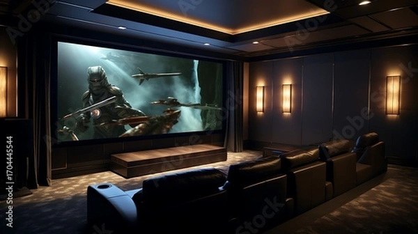 Fototapeta Immersive home theater design featuring a large screen and luxurious seating arrangement