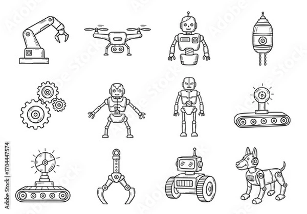 Fototapeta Set of 10 robotics icons in hand drawn doodle style. Vector illustration with robotic arm, drone, humanoid robot, gear system, sensor, exoskeleton, conveyor belt, mechanical claw, wheel bot, robot dog