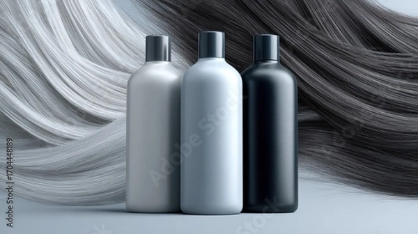 Fototapeta Three sleek shampoo or conditioner bottles in neutral tones placed in front of smooth black and silver strands of hair.