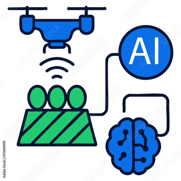 Fototapeta AI in Precision Agriculture with Drone and Brain Icon – Vector Illustration