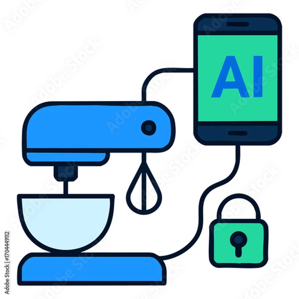 Fototapeta AI in Kitchen with Smart Robot Controlled by Mobile App – Vector Illustration