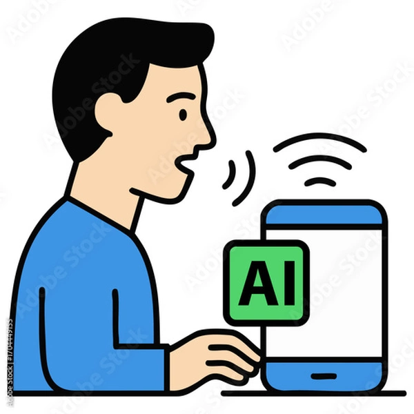 Fototapeta Man Talking to AI Voice Assistant with Smart Speaker – Vector Illustration