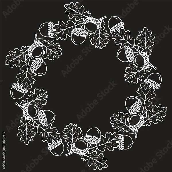 Fototapeta Line art frame of acorns and oak leaves. Floral wreath of graphic plants. White outline on gray background. Border with copy space. Print on fabric and paper. Vector design for autumn season.