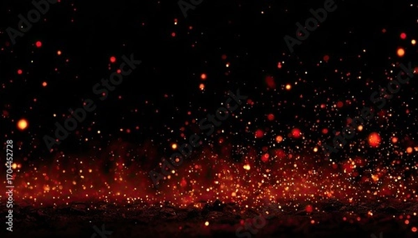 Obraz Glowing embers and sparks ascend against a dark background, creating a fiery, dynamic scene.  The intense red and orange hues contrast sharply with the black, suggesting heat and energy
