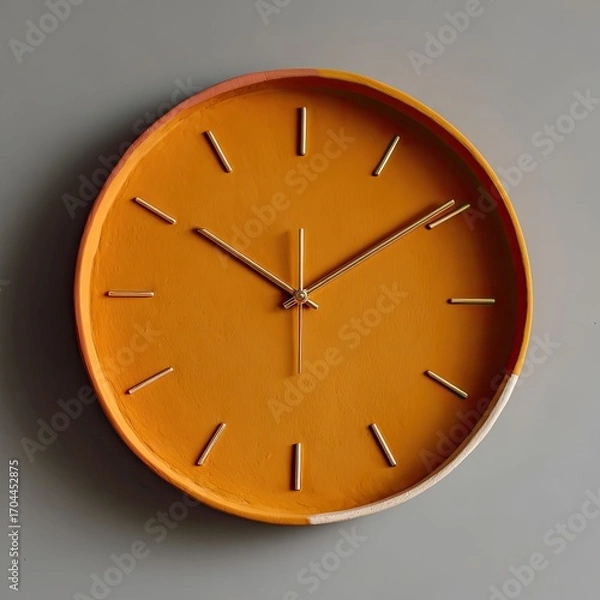 Fototapeta A round, orange analog clock with gold hands and markers hangs against a gray wall.  The clock face is a solid color with subtle color variations near the edge