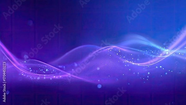 Obraz Abstract image featuring flowing, luminous purple and blue waves with scattered sparkles against a dark background, creating a dreamy and ethereal effect