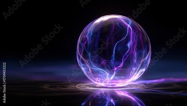 Fototapeta A luminous sphere, seemingly made of energy, floats above a reflective surface, emitting vibrant purple and blue plasma-like tendrils.  The dark background enhances the ethereal glow