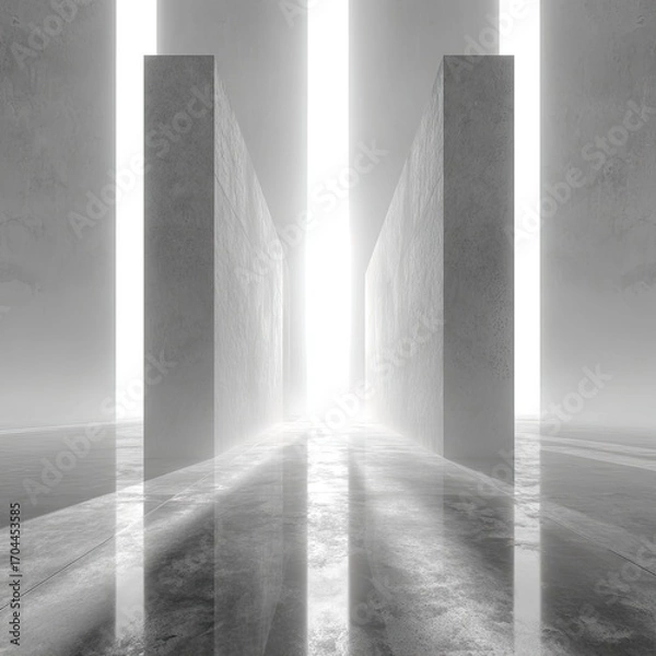 Fototapeta A grayscale digital rendering depicts a minimalist architectural space featuring tall, rectangular concrete pillars flanking a bright, central light source, casting reflections on a glossy floor