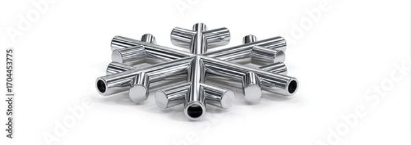 Fototapeta A three-dimensional metallic snowflake design, crafted from cylindrical components, rests on a stark white background. Its reflective surface captures the light, highlighting its intricate structure