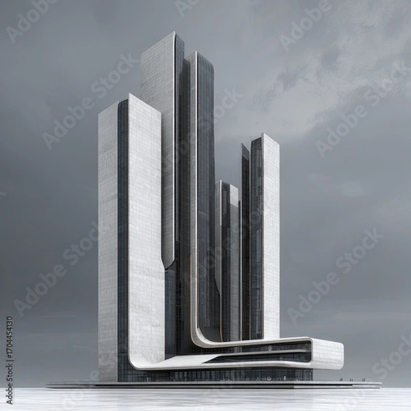 Obraz A stylized architectural rendering depicts a cluster of modern skyscrapers with sleek, curved designs, predominantly white and black, set against a muted gray sky