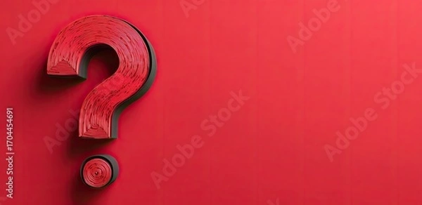 Fototapeta A large red question mark sits on a red background, leaving ample space to the right.  The question mark is three-dimensional and textured
