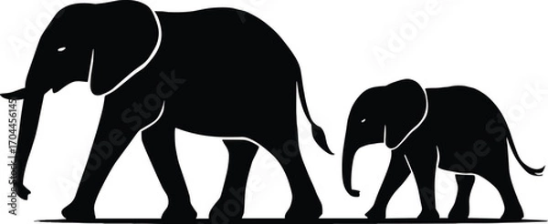 Fototapeta Minimal vector silhouette, elephant family in line, adult, juvenile, baby, side view, solid black shapes