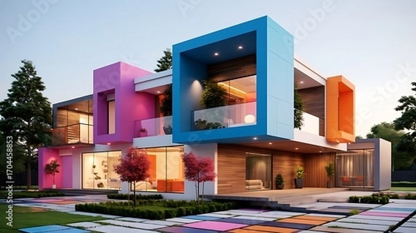 Fototapeta Contemporary home architecture with colorful cubic design elements and elegant landscaping