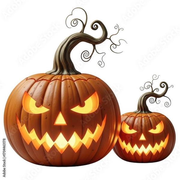 Fototapeta Two spooky carved halloween jack o lantern pumpkins glowing with scary faces isolated on transparent background