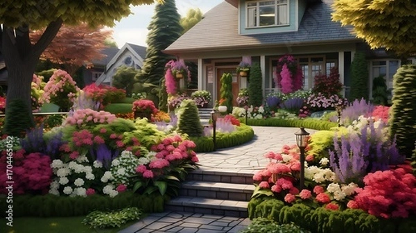 Fototapeta Exquisite home facade adorned with vibrant flowerbeds and meticulous landscaping creating a