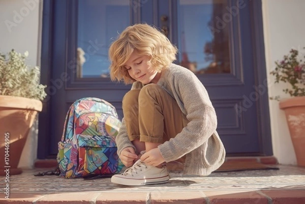 Fototapeta Child tying shoelaces on a sneaker, preparing for school outside a house with a backpack nearby