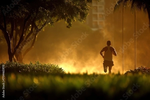 Fototapeta Silhouette of a man running in a park during sunset, surrounded by trees and nature