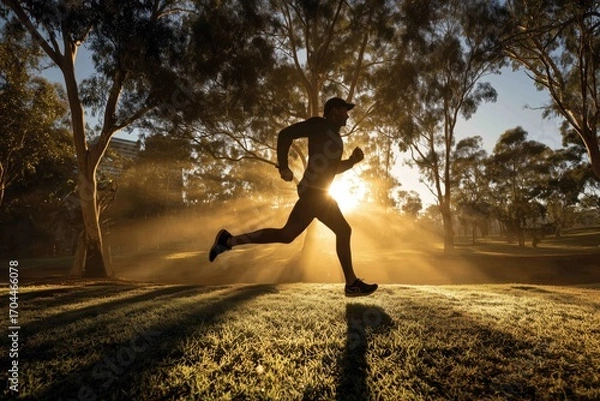 Fototapeta Silhouette of a man running on a grassy field during sunrise with sunlight filtering through trees