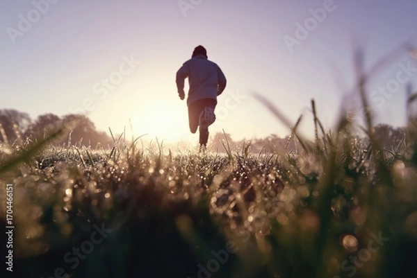 Fototapeta Man running across a grassy field at sunset, backlit silhouette