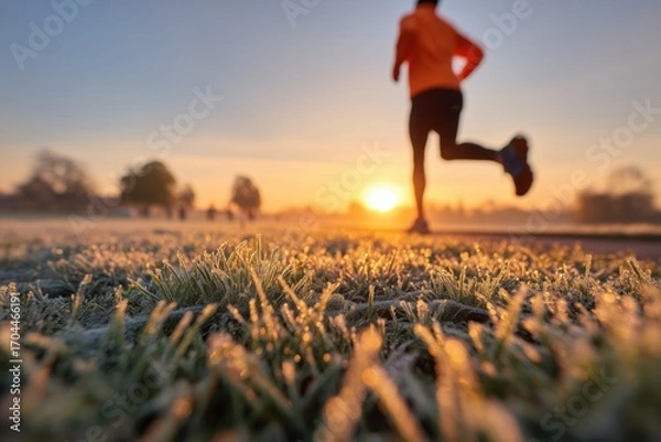 Fototapeta Silhouette of a man running during sunrise on a grassy field