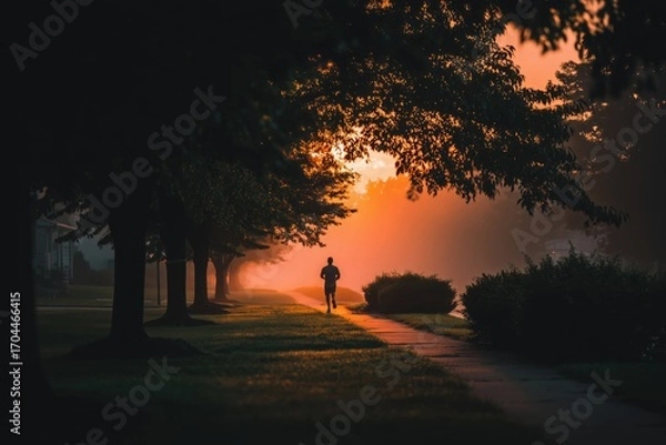 Fototapeta Silhouette of a person jogging along a park path at sunset, framed by trees and lush greenery