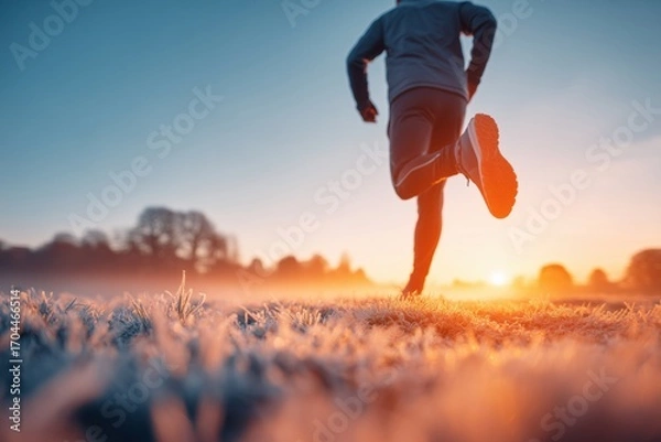 Fototapeta Silhouette of a person running on a grassy field at sunset, capturing motion and energy