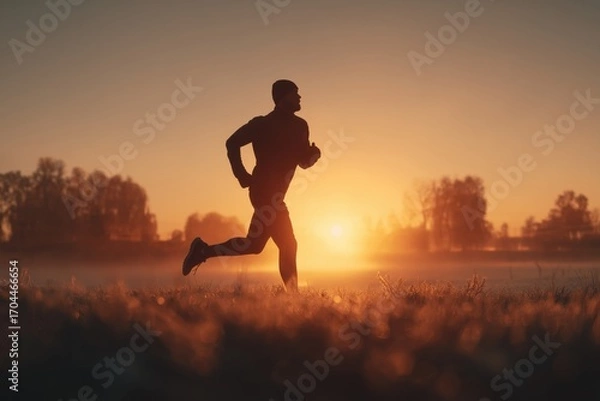 Fototapeta  Silhouette of a man running at sunrise in an open field