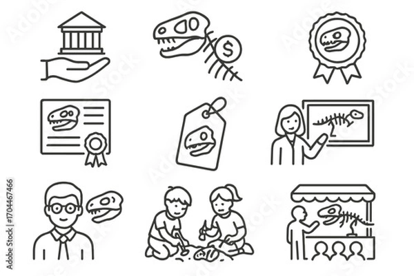 Obraz Paleontology Icons Collection. Line style icons of paleontology: museum donation, fossil sponsor icon, preservation fund badge,