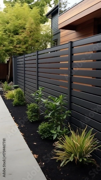 Fototapeta Contemporary horizontal fence design enhancing residential property with green landscaping features