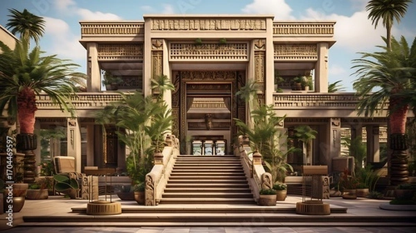 Fototapeta Extravagant palace showcasing refined architectural detailing and lush botanical accents