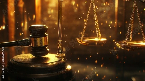Fototapeta Golden gavel and scales of justice in a dramatic setting.