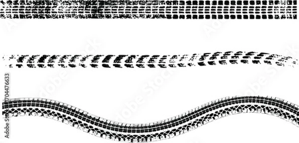 Fototapeta Tire tread marks, isolated wheel texture, tire marks - drift, rally, races, off-road, motocross. Vector isolated texture with grunge effect, splashes. Black monochrome tread prints. Vector graphic set