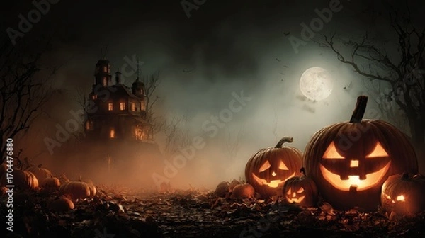 Fototapeta halloween background with pumpkins and haunted house  halloween background with evil pumpkin spooky scary dark night forrest holiday event halloween banner background concept