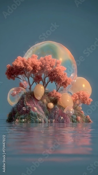 Fototapeta Surreal floating island with vibrant flora, translucent spheres, and calm water reflection