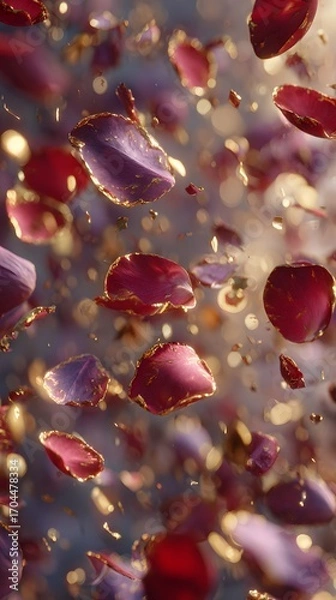 Fototapeta Elegant rose petals with golden edges float gently creating a magical, luxurious atmosphere.