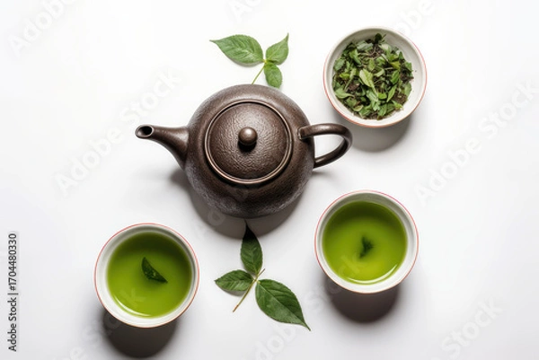 Fototapeta Asian tea set - iron teapot and ceramic cups with green tea and leaves. Traditional tea composition on white background, copy space.
