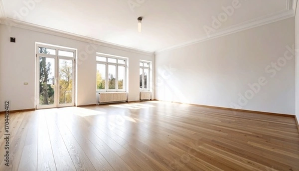 Fototapeta Empty interior space with wooden floor and natural light with view outside through windows