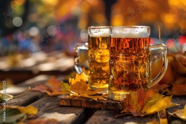 Fototapeta Two traditional Oktoberfest beer steins filled with golden ale on a rustic wooden table with scattered colorful autumn leaves, perfect for a festive fall folk holiday celebration