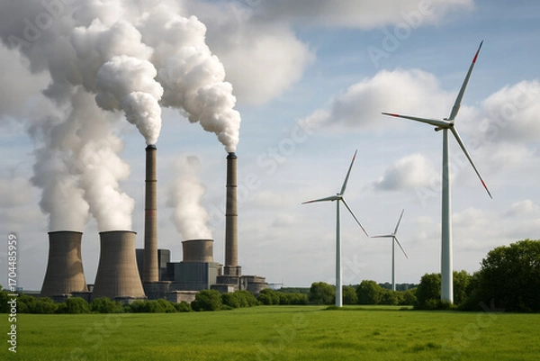 Fototapeta A stark juxtaposition between industrial pollution from smokestacks and clean energy from wind turbines set against a vibrant green field under a cloudy sky.