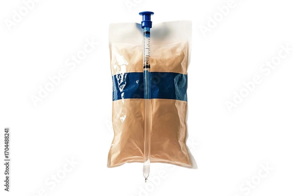 Fototapeta Medical feeding bag with blue stripe and syringe on transparent background